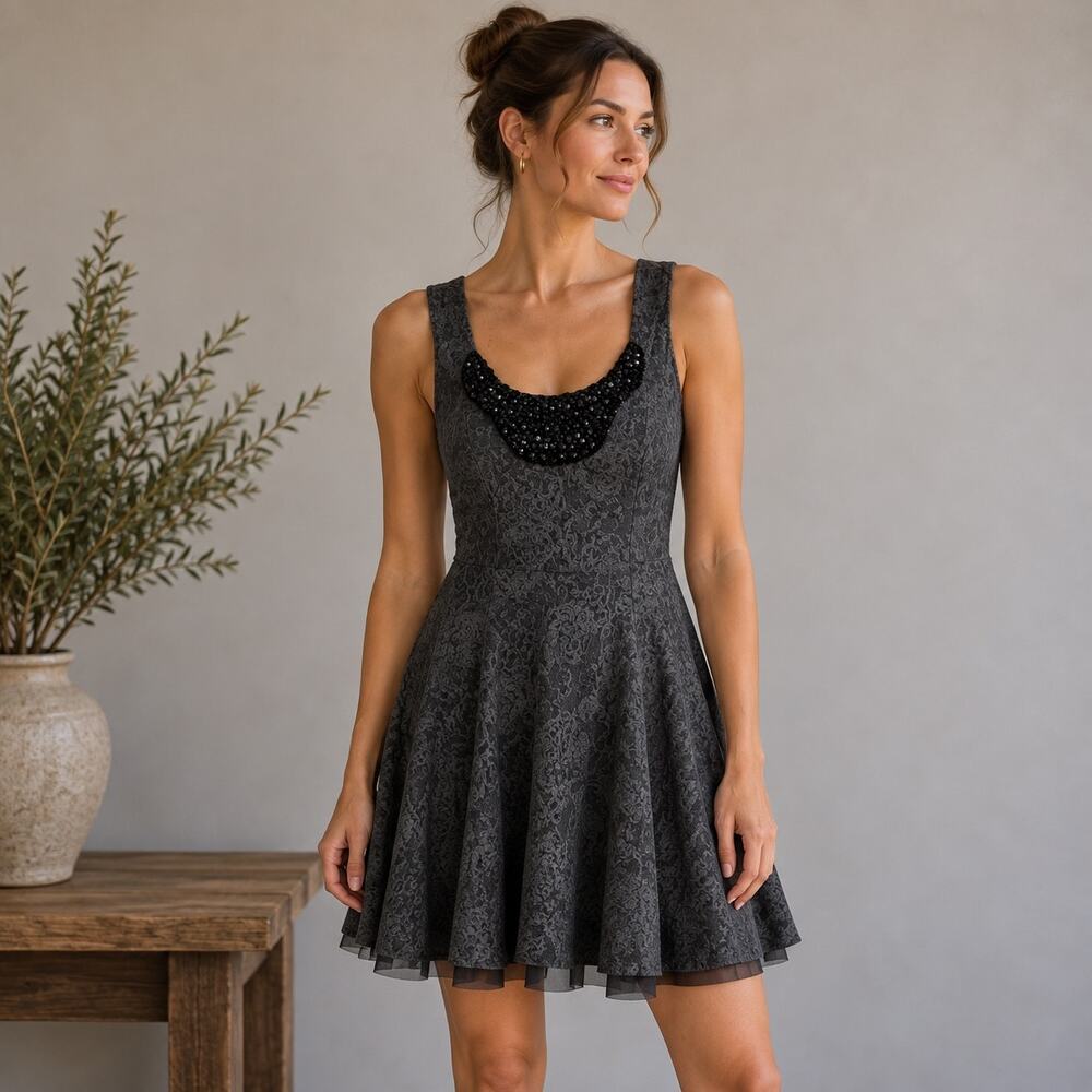 Free People Black Gray Rock Princess Whimsigoth Skater Dress M